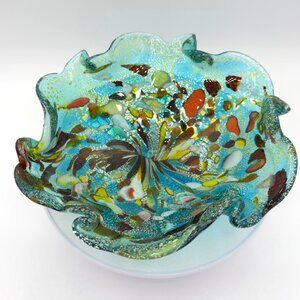 Vintage Murano Tutti Frutti Art Glass Bowl Teal Blue Green Mid Century NOTE